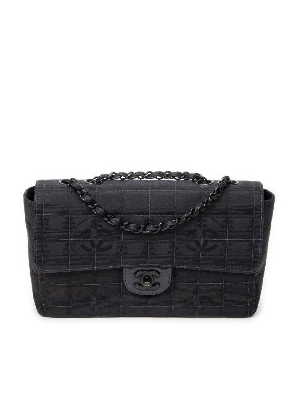 Chanel New Travel Line East West Chain Flap Bag Black Nylon Canvas